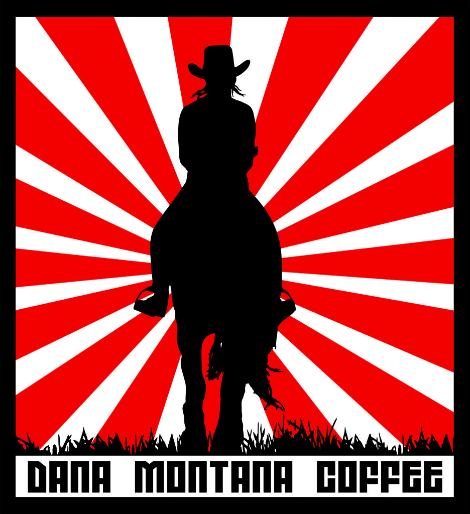 dana montana coffee: silhouette of a lady riding a horse into a stylized sunrise