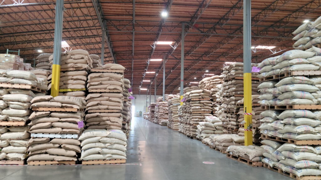 pallets of coffee at The Green Room warehouse.